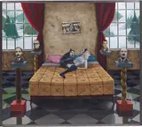 Gino Rubert, Action on Golden Bed, 1997, oil, acrylic and collaged photographs on canvas, in artist's frame