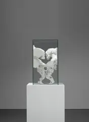 Thomas Lerooy, The Kiss, 2009, bronze, painted wooden plinth and glass vitrine, in 3 parts