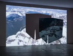 Peter Coffin, Sculpture Silhouette Prop (R. Serra 'One ton prop' 1969), 2007, painted MDF, steel stands and video projection, in 4 parts