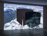 Peter Coffin, Sculpture Silhouette Prop (R. Serra 'One ton prop' 1969), 2007, painted MDF, steel stands and video projection, in 4 parts