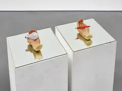 Second Hand Daily Exchange by Jonathan Monk, 2006, painted wooden plinths, mirror, Plexiglas, cloth, paper and oil paint on wax, in 6 parts, offered Dec 2017