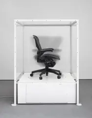 Glenn Kaino, The Siege Perilous, 2003, Plexiglas and steel vitrine, painted wood, Aeron chair and electric motor