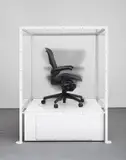 Glenn Kaino, The Siege Perilous, 2003, Plexiglas and steel vitrine, painted wood, Aeron chair and electric motor