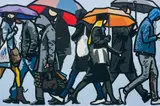 Walking in the Rain, London by Julian Opie, 2015, Screenprint in colours, on Somerset Satin paper, with full margins, contained in a brushed aluminium frame specified by , sold Jan 2017