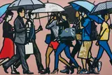 Walking in the Rain, Seoul by Julian Opie, 2015, Screenprint in colours, on Somerset Satin paper, with full margins, contained in a brushed aluminium frame specified by , sold Jan 2017