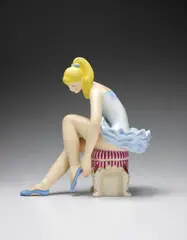 Jeff Koons, Seated Ballerina (Wood), 2015, Carved wooden sculpture, hand-painted with oil paints in colours, contained in the original foam-lined white card box with the artist's name printed on the lid
