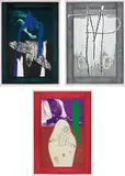 Mimmo Paladino, Gli Ucelli di Notte (The Night Birds); Gli Alberi che nel Corpo Nascono (Trees that Spring from the Body Itself); and Essere Portato in Carro (To Be Carried in a Cart), 1990, The complete set of three screenprints with woodcut, etching, aquatint, drypoint, carborundum, and collage in colours, on Arches paper