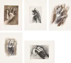 The Artist’s Hand by Henry Moore, 1980, The complete set of five prints, comprised of three lithographs in colours and two etchings, on BFK Rives paper, with fu, sold Jan 2017