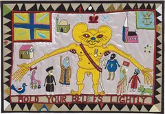 Hold Your Beliefs Lightly by Grayson Perry, 2011, Machine embroidery in colours, on cotton and silk, stretched over board (as issued), sold Jan 2017