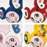 And Then x 6 (Blue: The Superflat Method); And Then x 6 (Red: The Superflat Method); And Then x 6 (White: The Superflat Method, Pink and Blue Ears); and And Then, And Then And Then And Then And Then. Yellow Universe by Takashi Murakami, 2013, Four offset lithographs in colours, on smooth wove paper, the full sheets, sold Jan 2017