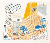 Pembroke Studio with Blue Chairs and Lamp, from The Moving Focus Series by David Hockney, 1985, Lithograph in colours, on HMP hand-made paper, with full margins, sold Jun 2017