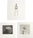 David Hockney, The Church Tower and the Clock, The Pot Boiling; and The Cook; plates 10, 8 and 7 from Illustrations for Six Fairy Tales from the Brothers Grimm, 1969, Three etching and aquatints, on Hodgkinson hand-made wove paper watermarked 'DH / PP', with full margins