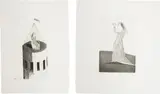 David Hockney, The Princess in Her Tower; and The Princess Searching, plates 2 and 5 from Illustrations for Six Fairy Tales from the Brothers Grimm, 1969, Two etching and aquatints, on Hodgkinson hand-made wove paper watermarked 'DH / PP', with full margins