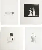 David Hockney, The Glass Mountain; Old Rinkrank Threatens the Princess; Digging up Glass; and The Rescued Princess, plates 29, 30, 31 and 33 from Illustrations for Six Fairy Tales from the Brothers Grimm, 1969, Four etchings, three with aquatint and two with soft-ground etching, on Hodgkinson hand-made wove paper watermarked 'DH / PP', with full margins