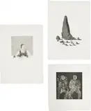 David Hockney, Catharina Dorothea Viehman; The Sexton Disguised as a Ghost Stood Still as Stone; and Corpses on Fire, plates 1, 21 and 22 from Illustrations for Six Fairy Tales from the Brothers Grimm, 1969, Three etching and aquatints, one with drypoint, on Hodgkinson hand-made wove paper watermarked 'DH / PP', with full margins, with colophon, the sheets loose, contained in the original blue leather-covered portfolio