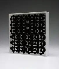 Helios by Victor Vasarely, 1967, Screenprint in black on the interior of two Plexiglas plates contained in a white plastic frame, sold Jun 2017