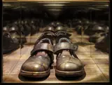Graciela Sacco, M² Infinite: How much is a square meter of waiting?, 2009, Mixed media installation comprised of 'heliography' on shoes and wood, transparent and two-way mirror Plexiglas, silver painted wood and one electric lamp with cable