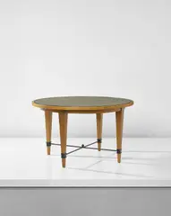 Jean Royere, Dining table, circa 1952, Sanded oak, cane, glass, wrought iron