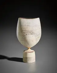 Hans Coper, 'Cycladic' pot with spherical volume and oval lip, 1968, Stoneware, layered white porcelain slips and engobes over a body with textured and incised linear designs, the interior with manganese glaze
