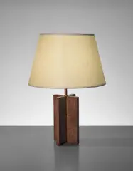 'Croisillon' table lamp by Jean-Michel Frank, 1930s, Sanded oak, tubular brass, linen shade, sold Apr 2017