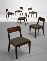 Jean Royere, Set of six dining chairs, circa 1935, Stained sycamore, fabric