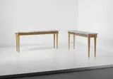 Jean Royere, Pair of rare consoles, circa 1948, Marble, sycamore, brass