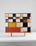 Bibliothèque, from La Maison du Mexique, Cité Universitaire, Paris by Charlotte Perriand, circa 1952, Pine, painted ‘Diamond Point’ impressed aluminium, painted aluminium, stained mahogany, offered Apr 2017