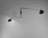 Pivoting two-armed wall light with 'Lampadaire' and 'Casquette' shades by Serge Mouille, designed 1954, executed 1961, Painted steel, painted metal, brass, sold Apr 2017