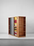 Double wardrobe and room divider, from a 'chambre d’étudiant', Maison du Brésil, Cité Internationale Universitaire de Paris by Le Corbusier and Charlotte Perriand, 1956-1959, Oak, painted oak, oak-veneered wood, plastic, brass, painted metal, sold Apr 2017