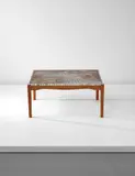 Unique coffee table, depicting Leda and the Swan by Peder Moos and Kay Simmelhag, 1944, Oak, mahogany inlays, marble mosaic, sold Apr 2017