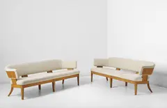 Kaj Gottlob, Pair of rare sofas, designed for the Copenhagen Stock Exchange, Committee Hall, Copenhagen, 1947, Oak, fabric