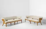 Kaj Gottlob, Pair of rare sofas, designed for the Copenhagen Stock Exchange, Committee Hall, Copenhagen, 1947, Oak, fabric