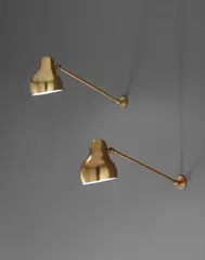 Vilhelm Lauritzen, Pair of adjustable wall lights, designed for the Radiohuset (National Broadcasting House), Copenhagen, circa 1942, Tubular brass, brass, painted brass