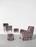 Gio Ponti, Pair of armchairs and ottomans, designed for the First Class of the 'Conte Grande' transatlantic ocean liner, circa 1948, Stained walnut, fabric