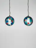 Pair of rare ceiling lights by Fulvio Bianconi, circa 1950, Pezzato coloured glass, lattimo glass, brass, sold Apr 2017