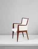Gio Ponti, Armchair, model no. 504, designed for the First Class Dining Room of the 'Conte Grande' transatlantic ocean liner, circa 1948, Walnut, brass, fabric