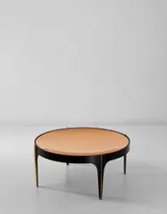 Fontana Arte, Coffee table, circa 1958, Coloured mirrored convex glass, glass, painted metal, brass