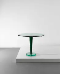 Arredoluce, Rare side table, designed for the Arredoluce showrooms, 1950s, Coloured glass, leather-bound wood, brass