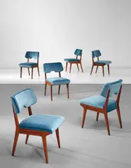Augusto Romano, Unique set of six dining chairs, designed for Casa Cirio, Turin, circa 1952, Walnut, brass, fabric