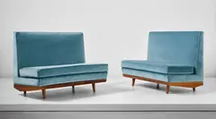 Unique pair of sofas, designed for Casa Cirio, Turin by Augusto Romano, circa 1952, Walnut, fabric, sold Apr 2017