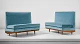 Augusto Romano, Unique pair of sofas, designed for Casa Cirio, Turin, circa 1952, Walnut, fabric