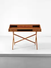 Gianfranco Frattini, Writing desk, circa 1959, Walnut, walnut-veneered wood, painted tubular iron
