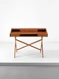 Gianfranco Frattini, Writing desk, circa 1959, Walnut, walnut-veneered wood, painted tubular iron