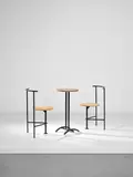 Shiro Kuramata, Pair of 'three-legged B' chairs, model no. R108 and table, model no. T8008, designed 1986, Painted tubular steel, oak-veneered plywood