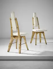 Carlo Mollino, Pair of chairs, designed for the conference room, Lattes Publishing House, Turin, 1951, Ash plywood, Resinflex, tubular steel, brass