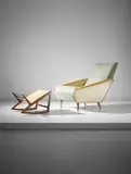 Gio Ponti, 'Distex' armchair, model no. 807, and rare footstool, circa 1954, Stained walnut, original vinyl and fabric, brass