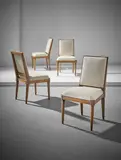Set of four dining chairs by Paul Rodocanachi for Jean-Michel Frank, 1936-1939, Walnut, fabric, offered Apr 2017