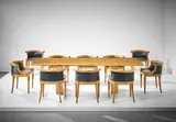Armand-Albert Rateau, Unique and important dining table and set of ten chairs from the hôtel particulier Thalheimer, Paris, circa 1931, Table: Japanese ash, Giallo d’Istria marble. Chairs: cherry wood, leather, brass nailheads