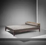 'Flavigny' double bed, from the Air France Unité d’Habitation, Brazzaville by Jean Prouvé, 1950-1952, Painted steel, oak, fabric, offered Apr 2017