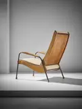 Jean Prouvé, Rare 'Visiteur' armchair, type FV. 12, 1948, Oak, oak plywood, painted steel, painted tubular steel, brass, fabric